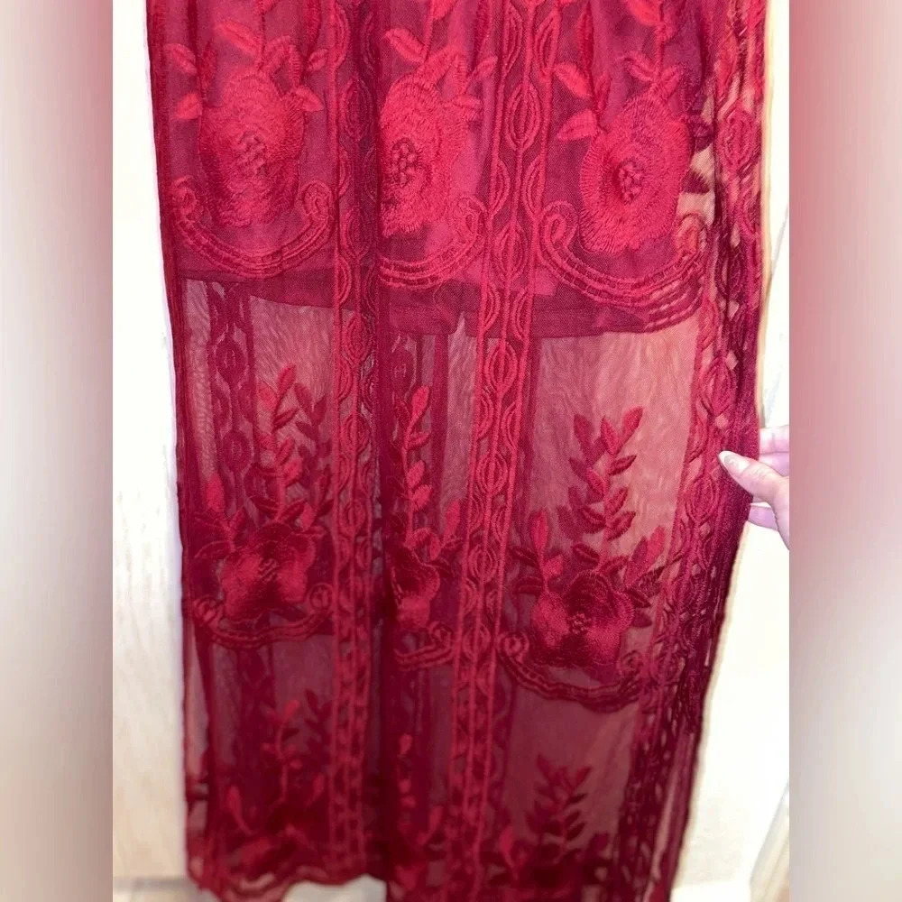 Holiday dress vibes Burgundy Deep V-Neck 1/2 Sleeves lace overlay SIZE S - Picture 14 of 16